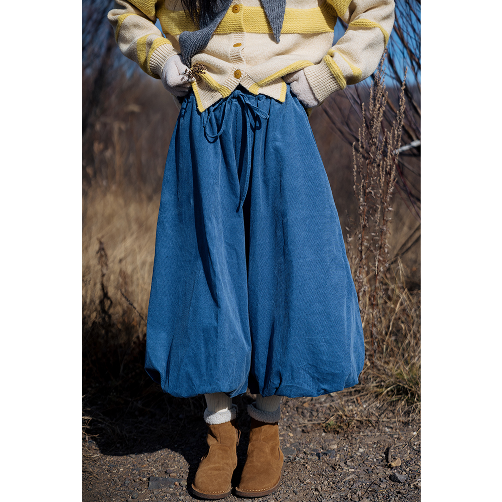 古苔蓝色灯芯绒气球裤复古日系冬