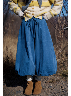 古苔 蓝色灯芯绒气球裤 加厚九分裤复古日系秋冬松紧腰百搭花苞裤