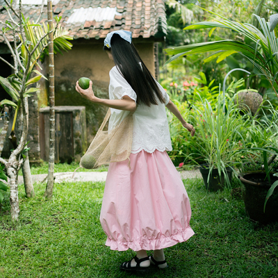 古苔日系粉色花苞水母夏日半身裙