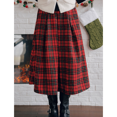 红色格纹百褶半裙古苔新年氛围感