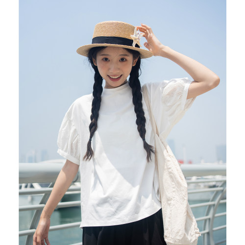 古苔白色T恤绣花拼接灯笼短袖女
