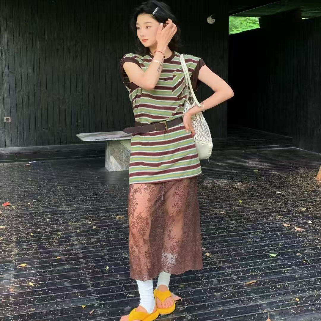 原版正品~条纹无袖中长款T恤裙T恤