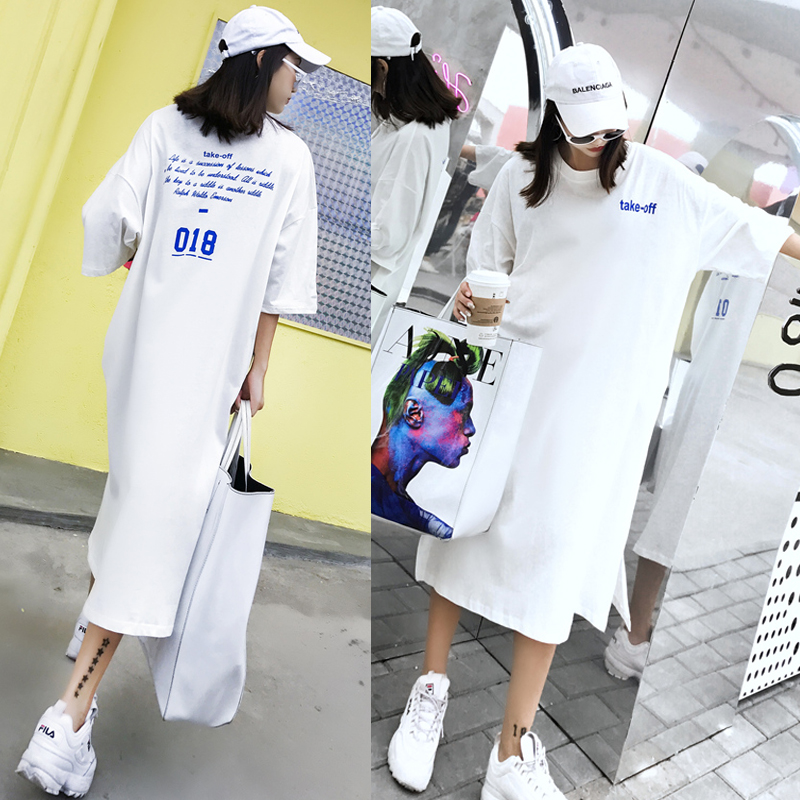 超长款T恤裙女装夏季新款过膝加长韩范宽松大bf风原宿港风连衣裙