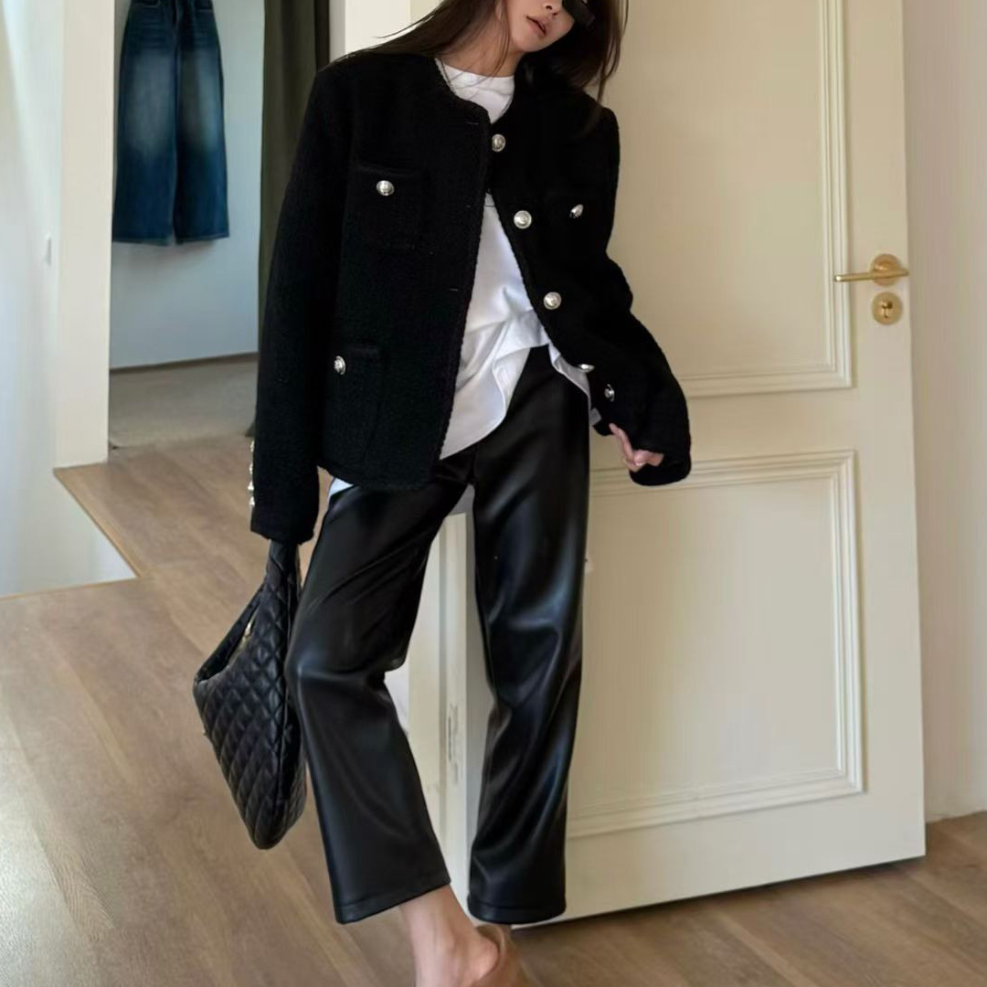 轻熟简约风黑色皮裤女修身显瘦百搭老钱风通勤裤秋冬加厚九分裤子