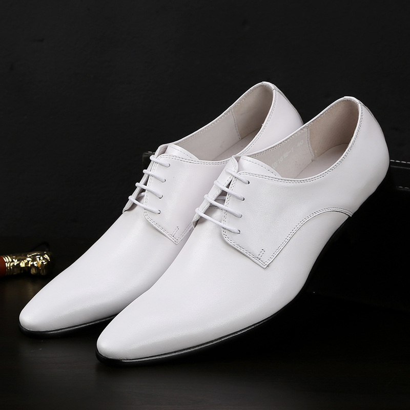 白色尖头系带商务风结婚透气皮鞋