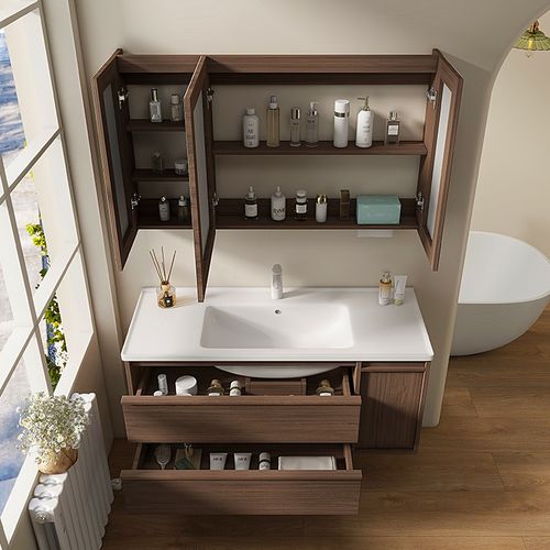 中古风浴室柜陶j瓷一体盆骨骼线胡桃木侧边收纳洗脸盆柜组合洗漱