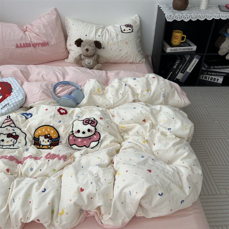 少女心ins可爱猫咪毛巾绣水洗棉床单四件套全棉被套纯棉W三件套1.,床上用品,床品套件/四件套/多件套,淘宝优惠券,粉丝福利购,淘宝优惠卷