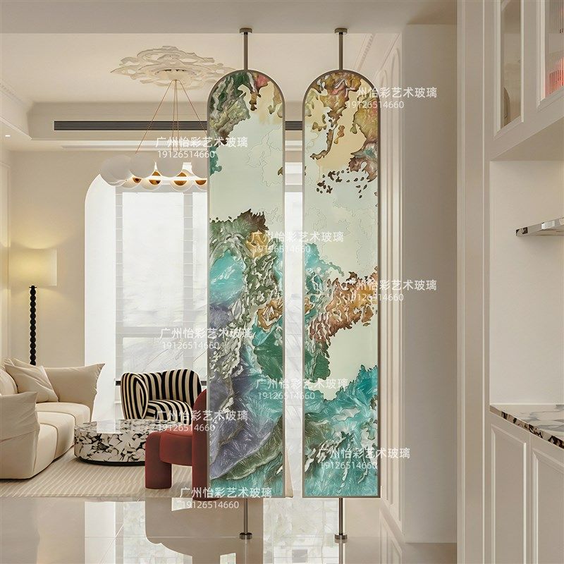 棒棒糖手绘掐丝j珐琅彩屏风隔断客厅轻奢入户玄关顶天立地艺术玻