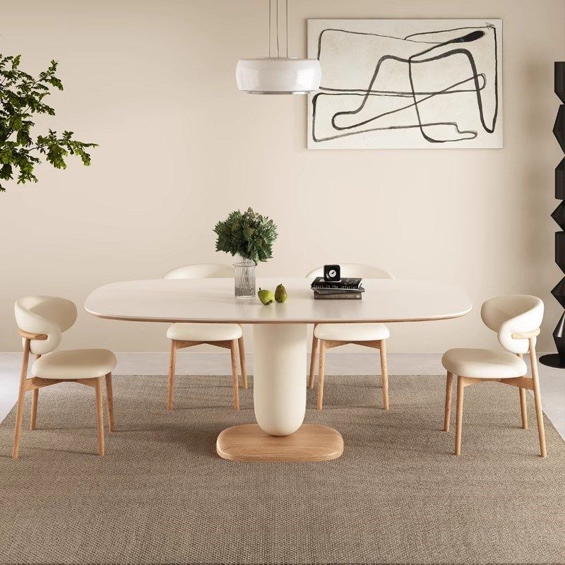 侘寂奶油风原f木色岩板餐桌椅组合北欧家用小户型实木椭圆形饭桌