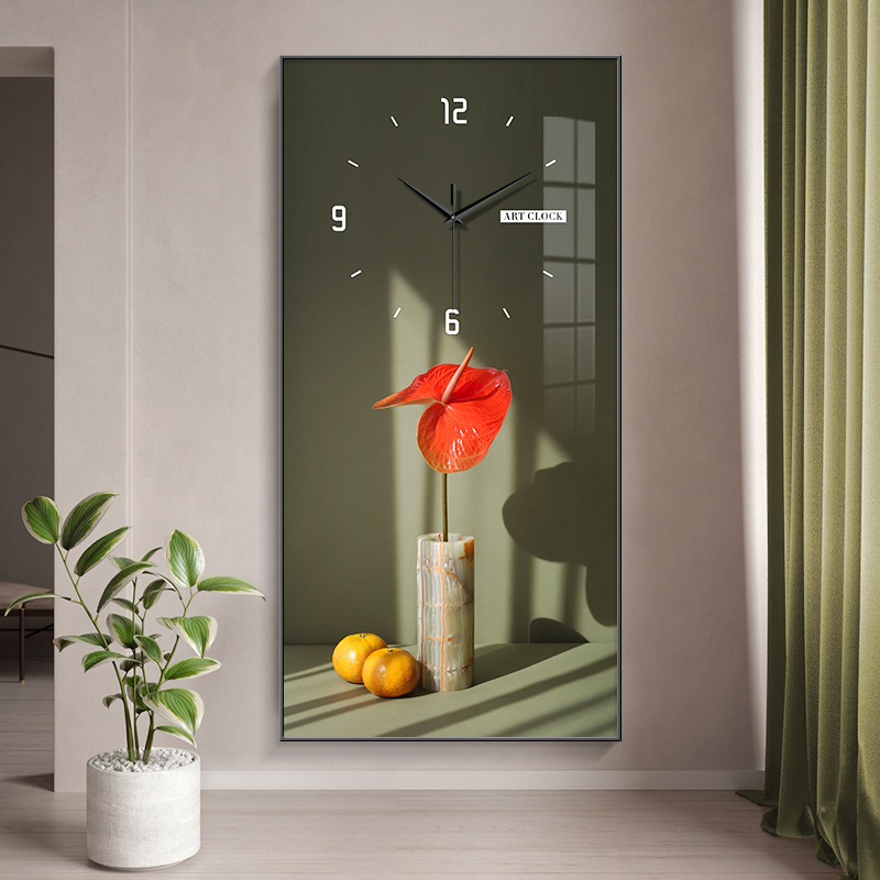 北欧玄关装饰f画钟表挂钟客厅背景墙挂画时钟光影花卉艺术时钟挂