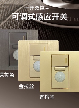 86型一开d双控加可调式感应开关金色深灰色香槟金光控可调延时可