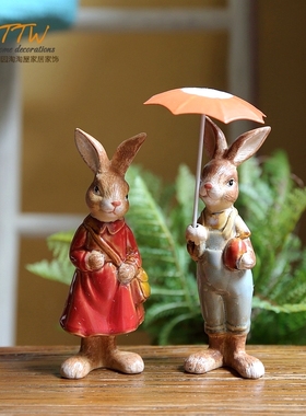 美式乡村情侣兔兔可爱造型撑伞青蛙摆件 花W园摆件儿童房