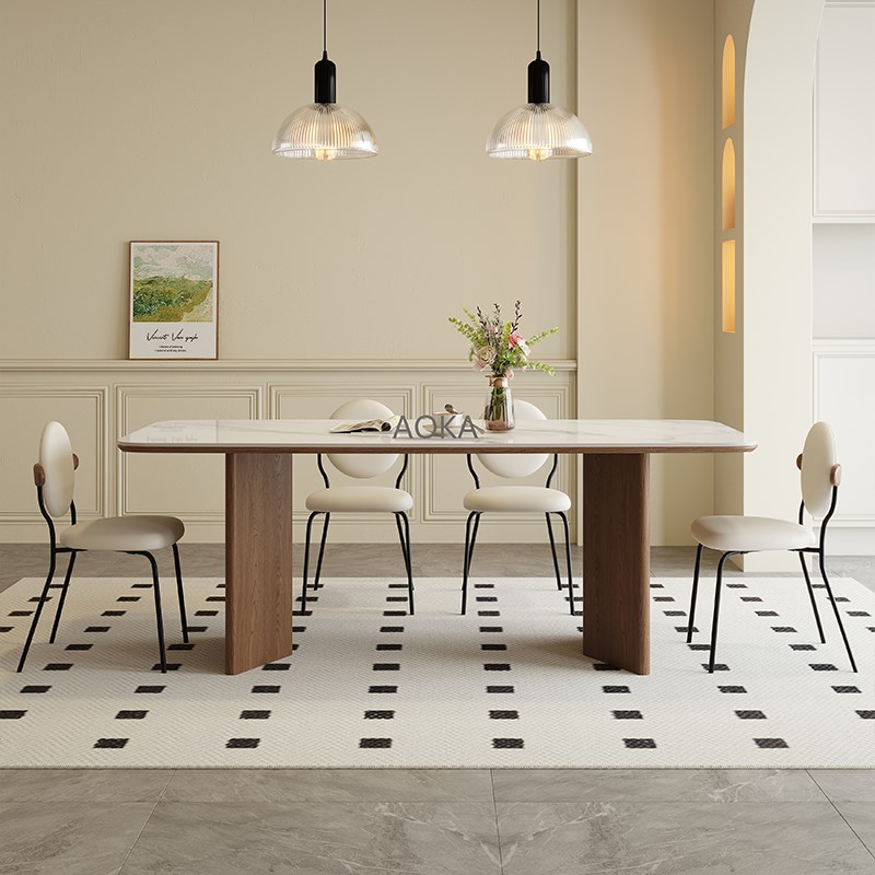 法式奶油实木岩板餐桌椅组合复古黑胡桃色M侘寂风长方形小户型桌