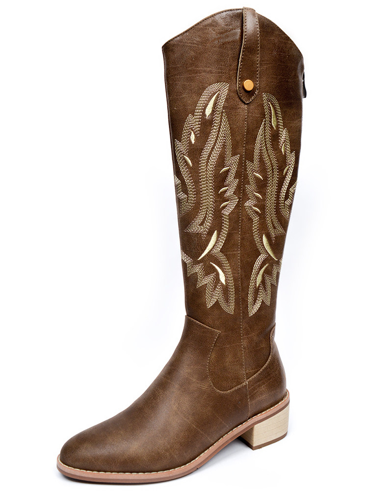 FUJI TACHIBANA 2025 NEW VINTAGE WESTERN COWBOY BOOTS BLOCK HEEL V-MOUTH SLIM MID-LEG EMBROIDERED BOOTS