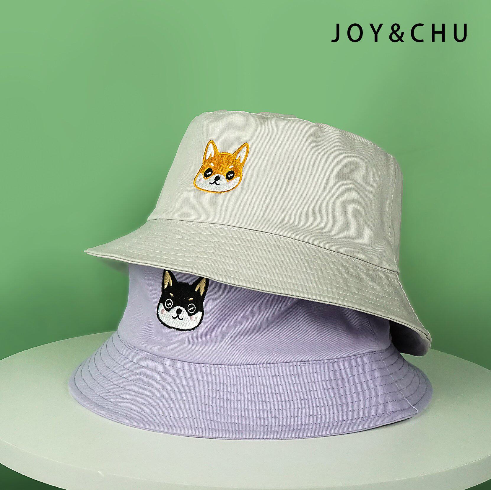 JOYCHU原创设计 李俊濠任胤蓬同款 柴犬刺绣双面纯棉渔夫帽