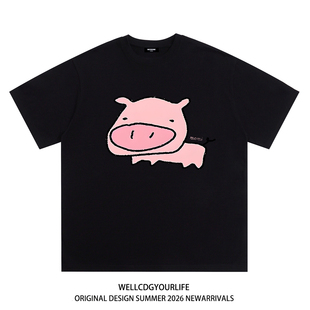 潮牌WELLDONE小猪印花男女重磅宽松纯棉短袖 t恤 CDG美式 WE11DONE