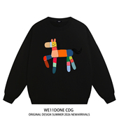 WE11DONE CDG美式 潮牌WELLDONE小马印花男女重磅宽松加绒圆领卫衣