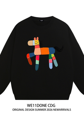 WE11DONE CDG美式潮牌WELLDONE小马印花男女重磅宽松加绒圆领卫衣