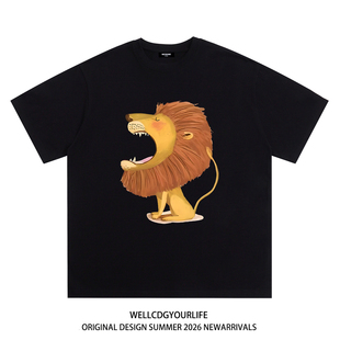 潮牌WELLDONE狮子印花男女重磅宽松纯棉短袖 t恤 CDG美式 WE11DONE
