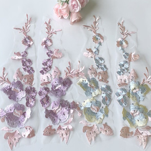 刺绣花片一对钉珠布贴长条花朵补丁蕾丝裙衣服装 饰辅料手工缝DIY