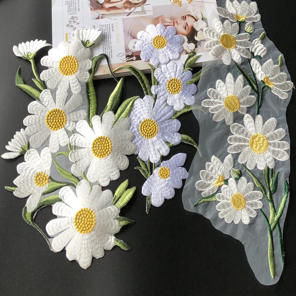 saskia大号白色菊花刺绣布贴欧根纱绣图案补丁衣服裙装饰辅料diy