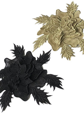 金色黑色刺绣立体大布贴补丁洞花朵片衣服装饰图案辅料手工缝DIY