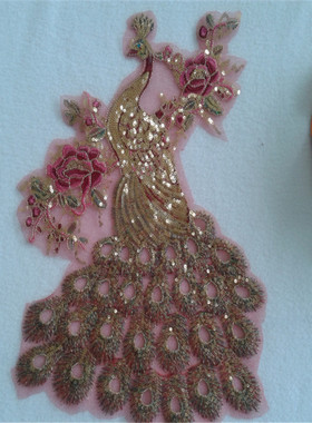 SASKIA中国风孔雀牡丹花朵亮片刺绣布贴衣服旗袍装饰补丁辅料手缝