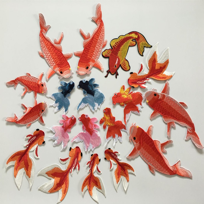 中国风刺绣金鱼布贴补丁洞花片衣服包装饰图案diy背胶手工辅料