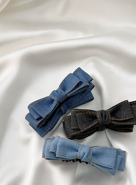 CAPS KOREA｜牛仔蓝色布艺蝴蝶结发量少竖式防滑发卡韩国香蕉夹夏