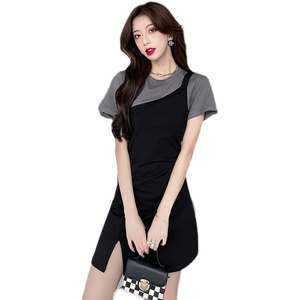 RY1600#假两件收腰显瘦圆领拼接褶皱开叉连衣裙