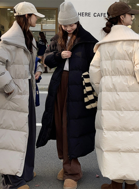 绵羊绒针织大翻领羽绒服女长款过膝2025新款冬装90白鸭绒收腰外套