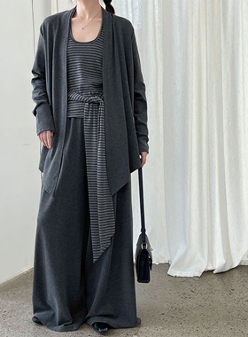 慵懒设计感垂感三件套2025秋季新款披肩开衫+条纹挂脖背心+阔腿裤