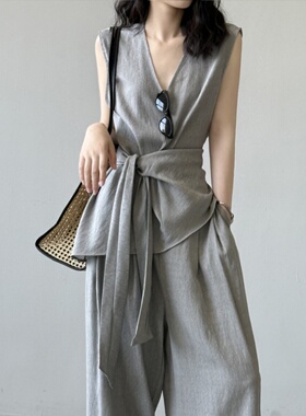 高级感时髦套装女无袖V领绑带收腰上衣+阔腿裤2025夏季新款两件套