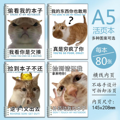 沙雕小猫表情包搞怪学生本子笔记本日记本可爱活页本横线作业本A5