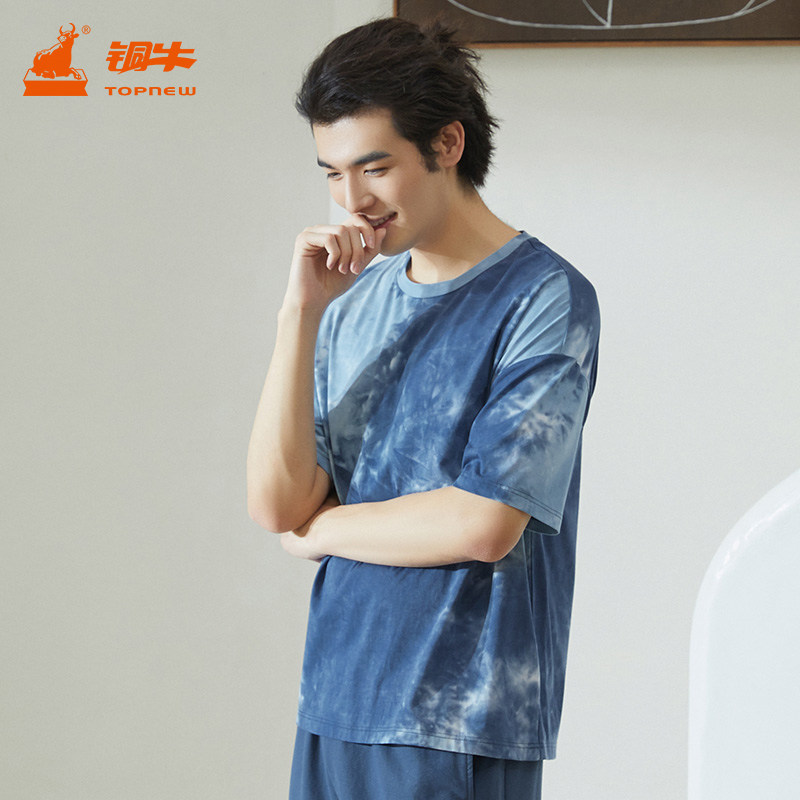 COPPER COW COTTON BLEND TIE-DYE FABRIC ROUND NECK MENS HOME TOP SUMMER BLESS SERIES SHORT SLEEVE SHIRT NS094