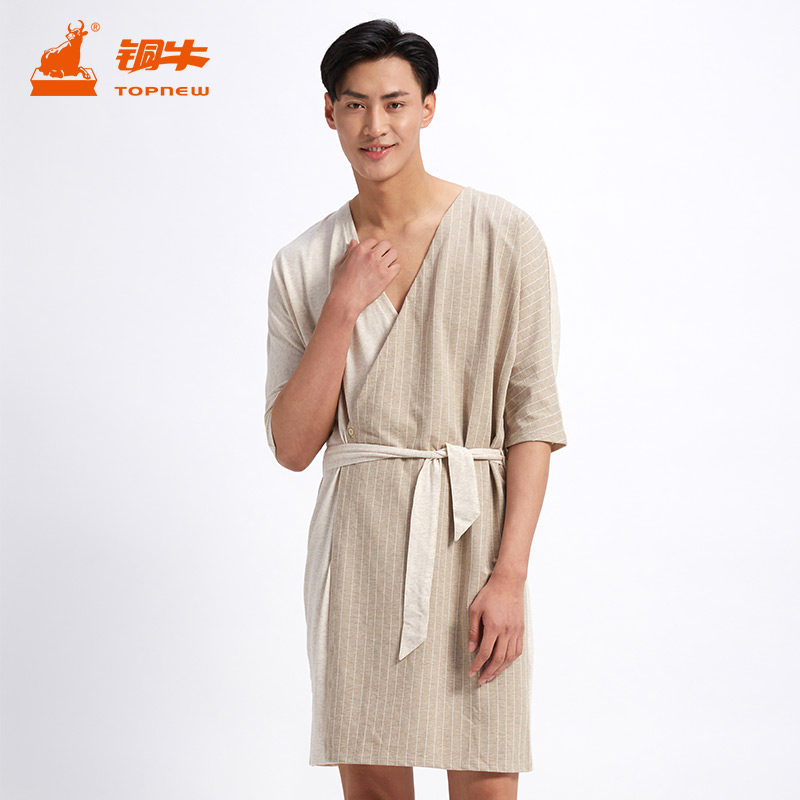 铜牛BLESS系列春季 V领七分袖男士条纹居家睡袍浴袍NQ001,女士内衣/男士内衣/家居服,睡袍/浴袍,淘宝优惠券,粉丝福利购,淘宝优惠卷
