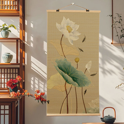 荷花新中式印花禅意竹帘装饰画客厅玄关走廊卷帘壁画书房茶室挂画