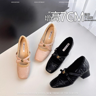 法式内增高金属山茶花毛毛玛丽珍鞋女小香风蝴蝶结菱格纹粗跟单鞋