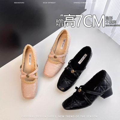 法式内增高金属山茶花毛毛玛丽珍鞋女小香风蝴蝶结菱格纹粗跟单鞋