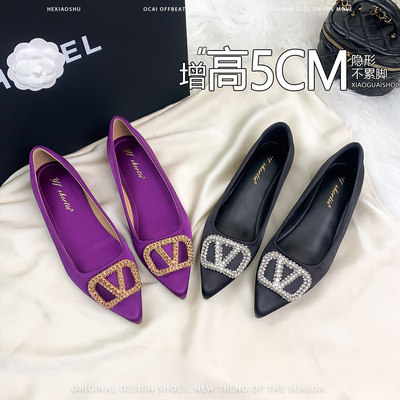 羊皮版增高5CM法式尖头V扣缎面浅口单鞋2026新款甜美风气质玛丽珍