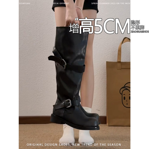 羊皮版~复古机车风皮带扣长靴女圆头中跟堆堆靴废土风粗跟骑士靴