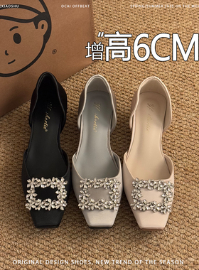 羊皮版绝美水钻方扣内增高玛丽珍鞋女2026新款时尚一脚蹬防滑单鞋