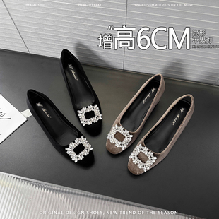 羊皮版~隐形内增高6CM水钻方扣玛丽珍鞋女2025春新款绒面粗跟单鞋