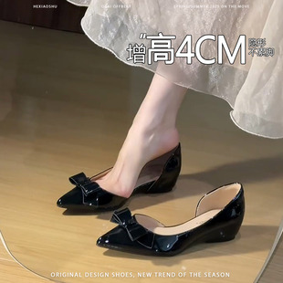 法式内增高蝴蝶结尖头侧空浅口单鞋女2026年新款一脚蹬气质平底鞋