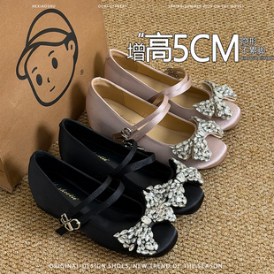 增高5CM水钻蝴蝶结缎面玛丽珍鞋女2026春款配裙子双搭扣芭蕾单鞋