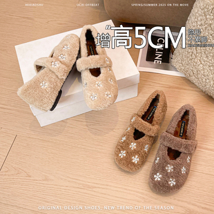 法式内增高5CM圆头水钻一字带玛丽珍鞋2025新款加绒保暖软底单鞋