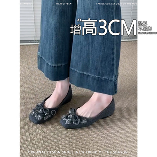 法式珍珠蝴蝶结绒面内增高单鞋女2025新款气质仙女风平底玛丽珍鞋