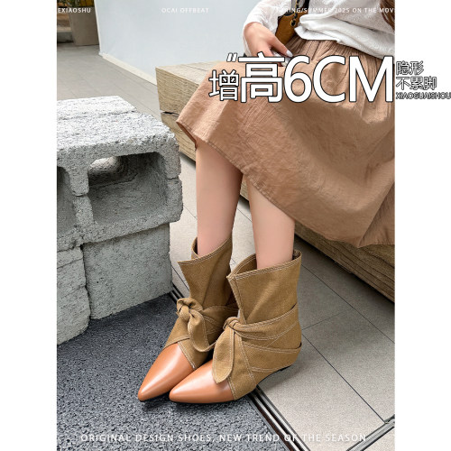 羊皮版内增高蝴蝶结复古拼接尖头短靴女气质百搭西部靴显瘦时装靴