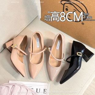 不累脚~内增高8cm尖头粗跟玛丽珍鞋2025春季新款气质通勤高跟单鞋