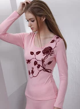 彩奇诗 纤丝莉 女士保暖内衣中厚圆领植绒印花 秋衣秋裤套装88099